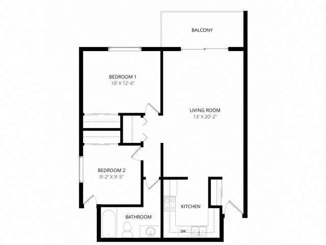 Floor plan for 2 beds, 1 bath, 800 sqft